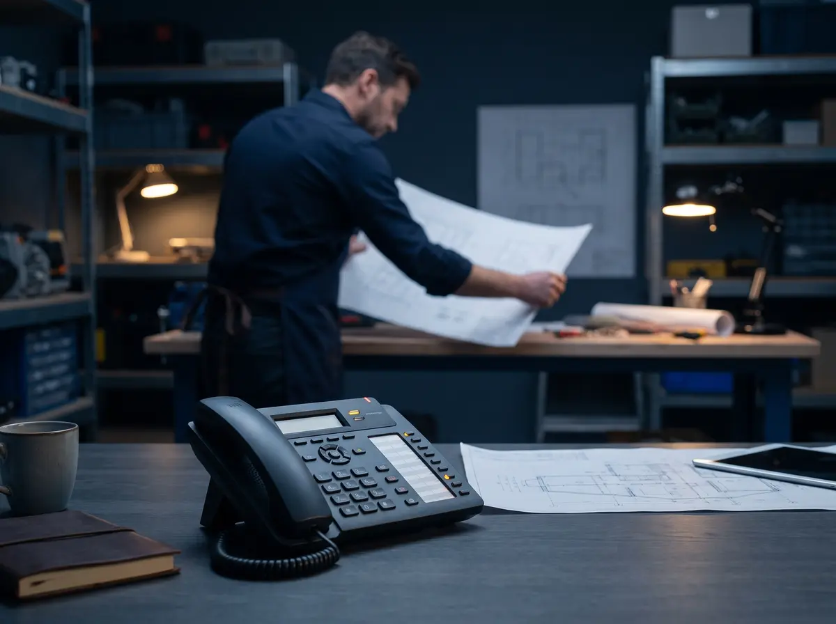 A craftsman studying plans in his workshop while the desk phone waits in the foreground